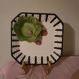 Chip & Dip With 3D Flower & Lady Bugs Black & White Art Pottery Signed Cali